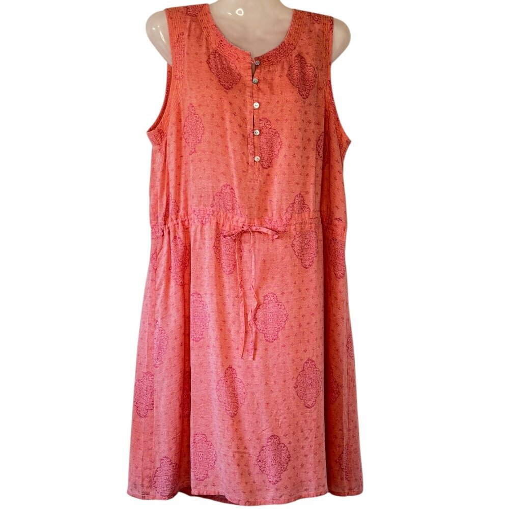 Lucky Brand Tie Waist Shift Dress Modal Light Salmon Batik Print Henley Med
